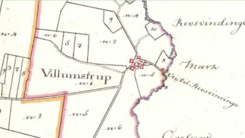 I 1819 fremstår Villumstrup som en samlet by. Sognekort over Herrested Sogn, 1819.