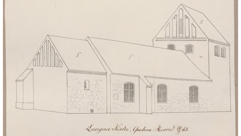 Illustration lavet af I. G. Burman Becker af Langå Kirke anno 1863