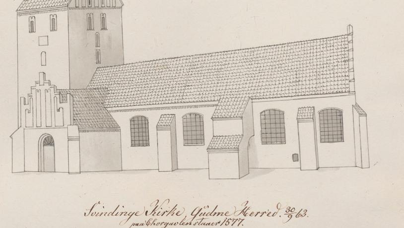 Svindinge Kirke tegnet i 1863 af Burman Becker