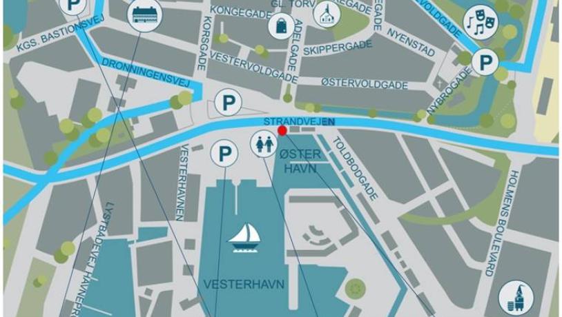 Kort til praktisk information om din tur til Sprogø - parkering - toilet - mødested