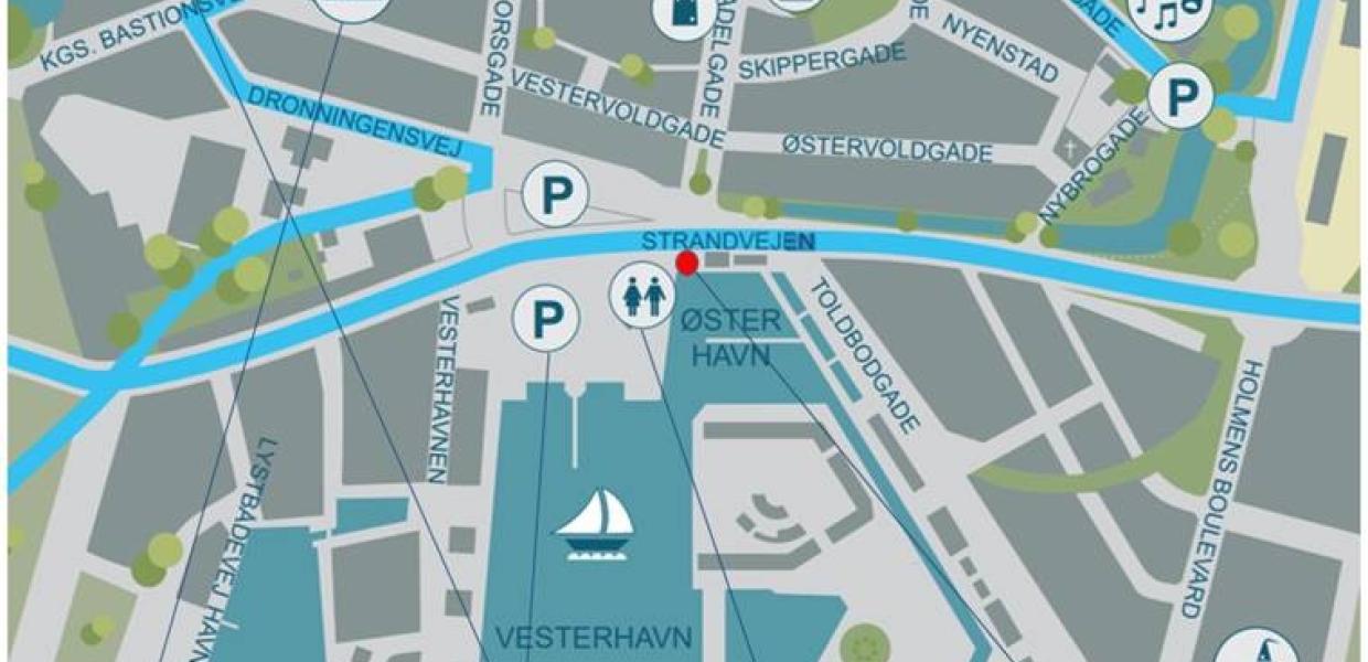 Kort til praktisk information om din tur til Sprogø - parkering - toilet - mødested