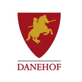 Danehofs eget logo - ridder på hest med skjold som baggrund