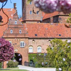 Holckenhavn Slot i foråret med lyserøde træer